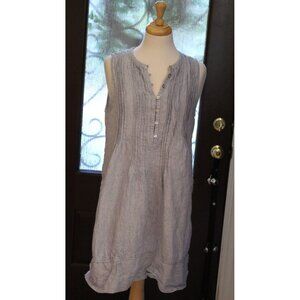 FAHERTY Blue/White Pinstripes Isha Dress 100% Linen Pockets Size Medium